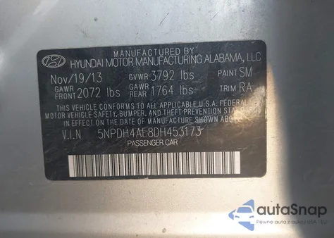 2013 Hyundai Elantra Gls from USA, damaged, VIN 5NPDH4AE8DH453173
